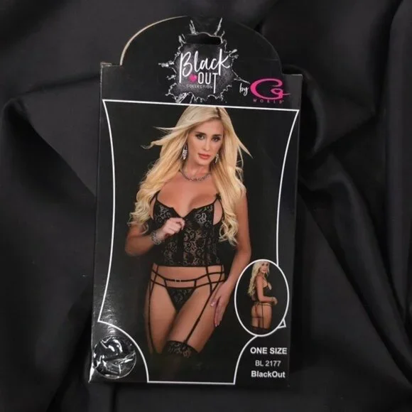 G World 2pc Laced Corset Teddy Zipper Front Stockings ONE SIZE Blackout‎ BL2177 - Picture 4 of 8